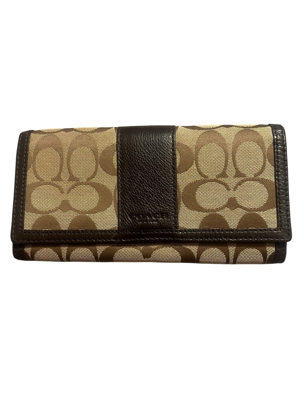 Coach Khaki and Brown Signature Continental Front Snap Full Size Wallet